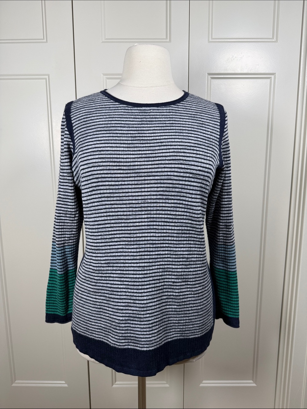 NIC+ZOE Striped Crewneck Sweater in Navy and Gray with Teal and Blue Accents 1X